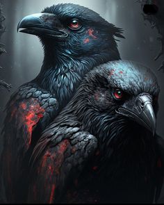 two black birds sitting next to each other on top of a dark background with red spots