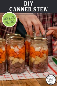 four mason jars filled with raw and cut vegetables are shown in front of the text, diy canned stew