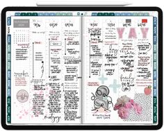 an open planner book with writing and doodles on the pages, in front of a tablet