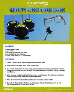 an advertisement for some kind of glasses with apples on them and the words griffin's poison toffee apples