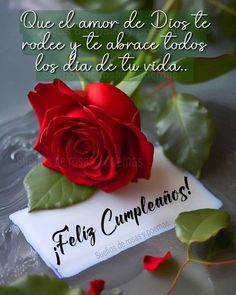 a red rose sitting on top of a piece of paper with the words feliz cumpleanos