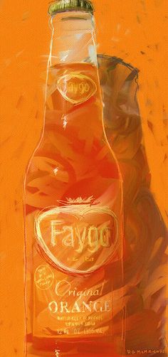 a bottle of orange juice sitting on top of an orange background with the words favoo in it