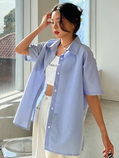 Button Up Polo Shirt Outfit Women, Pastel Button Up Outfit, Short Sleeve Button Down Shirt Women, Short Sleeve Oversized Button Up, Blue Short Sleeve Button Up, Oversized Short Sleeve Button Up Outfit, Oversized Short Sleeve Shirt Outfit, Short Sleeve Button Down Outfit For Women, Light Blue Polo Outfit For Women