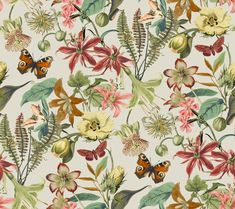 a floral wallpaper with butterflies and flowers