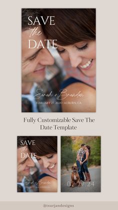 the save the date postcard is shown with two photos and text that reads,