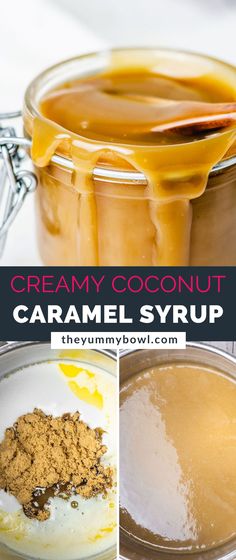 creamy coconut caramel syrup in a glass jar with spoons and ingredients to make it