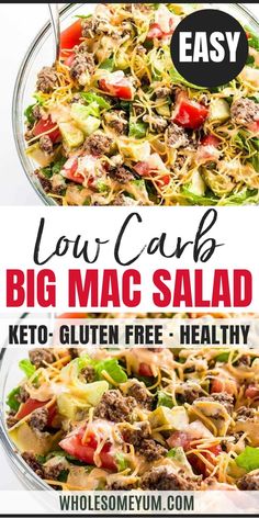 Big Mac Salad - Cheeseburger Salad Recipe (Low Carb, Gluten-Free) Big Mac Salad Low Calorie, Low Calorie Big Mac Salad, Big Mac Chopped Salad, Healthy Hamburger Salad, Dinner Recipes Healthy Low Carb High Protein Gluten Free, Weight Watchers Big Mac Salad, Hamburger Gluten Free Recipes, Hamburger Meat Healthy Recipes, Healthy Big Mac In A Bowl