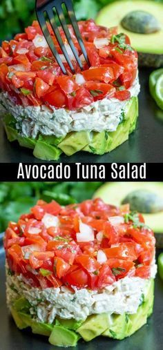 avocado tuna salad with tomatoes and cucumber on the side is shown