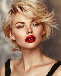 Red Lips Blonde Hair, Blonde Hair Red Lips, Red Lipstick Looks, Short Red Hair, Shaggy Short Hair, Short Shag Hairstyles, Shag Hairstyles, Hair Affair, Haircut And Color