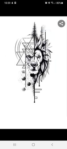 a black and white drawing of a lion's head with geometric shapes in the background