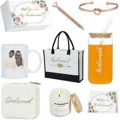 various personalized items are arranged on a white background, including a bag and candle