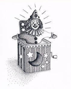 Ink Drawing with Stippling. Jack In The Box Clown, Cupid Drawing, Circus Background, Vintage Circus Posters, Clown Paintings, Clown Tattoo, Cute Clown, Vintage Clown