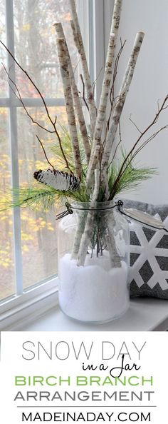 snow day with birch branch arrangement in vase