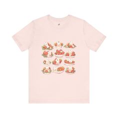 Our delightful Strawberries and Cream Tee is a charming addition to your wardrobe and bound to bring a smile to anyone's face! Crafted with care and quality in mind, this classic unisex jersey short sleeve tee is designed to be your new favorite go-to. Made with 100% Airlume combed and ring-spun cotton, this lightweight fabric ensures comfort and breathability, perfect for both active days and leisurely strolls. The softness of the cotton and the impeccable quality of the print will have you fal Cute Relaxed Fit T-shirt As Gift, Sweet Pink Strawberry Print T-shirt, Sweet Pink T-shirt With Strawberry Print, Cute Funny Print T-shirt, Sweet Cotton T-shirt For Gifts, Sweet Cotton T-shirt As Gift, Sweet Cotton Tops As Gift, Cute Strawberry Print Shirt, Cute Strawberry Print T-shirt As Gift