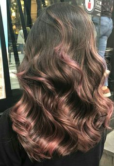 Gold Streaks In Brown Hair, Rose Gold Highlights On Dark Hair, Light Brown Hair With Rose Gold, Rose Gold Hair Streaks, Rose Gold Streaks In Brown Hair, Pink Balayage Brunette Rose Gold Hair, Hot Pink Highlights In Brown Hair Curly, Dark Brown Hair With Pink Tips, Rose Gold Brown Hair Color