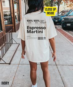 Know someone who loves coffee, espresso, and alcohol a little too much? Whether it's your boyfriend, girlfriend, or best friend, this espresso martini tee is the perfect gift. This heavy weight tee shirt is super cozy for the fall and winter season and also sports a vintage feel. Our heavy blend shirts are made from 100% ring spun cotton and are double stitched on all seams as well as pre-shrunk for superior product durability. This shirt has a relaxed fit. For an oversized look or dress look, p Espresso Martini Aesthetic Outfit, Martini Expresso, Cocktail Tshirt, Alcohol Shirts, Vintage Feeling, Oversized Tee Shirt, Best Shirt, Coffee Espresso, Coffee Shirt