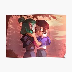 two people hugging each other in front of trees