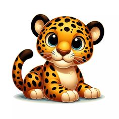 a cute little leopard sitting down with big eyes on it's face and black spots