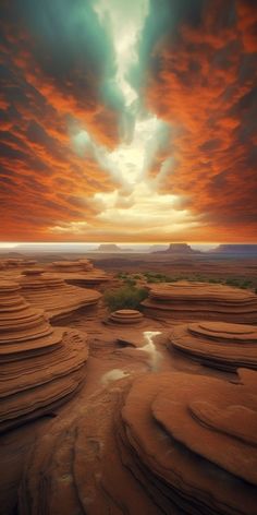 the sky is very colorful and cloudy over some desert land with water running through it