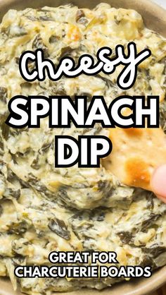 cheesey spinach dip with text overlay