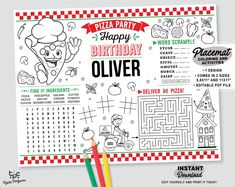 a pizza party activity sheet with the words happy birthday and an image of a chef on it