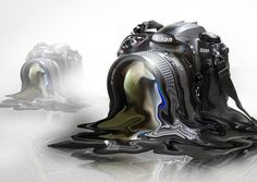 an artistic photograph of a camera with water swirling around it