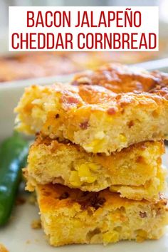 three pieces of bacon jalapeno cheddar cornbread stacked on top of each other