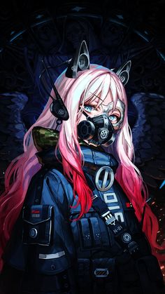 an anime character with pink hair and gas masks