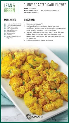 the recipe for curry roasted cauliflower is shown on a white plate with green trim