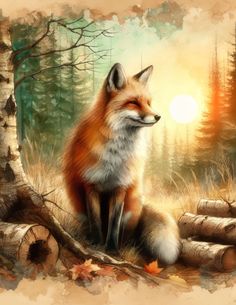 a painting of a red fox sitting in the woods looking out at the setting sun