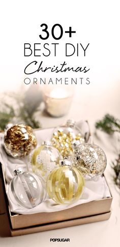 a box filled with christmas ornaments on top of a table