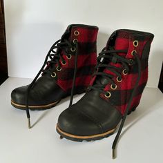 Worn Once. Womens 9. Leather And Flannel Design. Has Box. Casual Winter Wedge Boots With Reinforced Heel, Sorel Womens, Sorel Shoes, Black Red, Bootie Boots, Ankle Boots, Wedges, Black And Red, Women Shoes