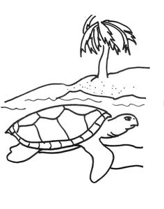 a drawing of a turtle swimming in the ocean with a palm tree on top of it