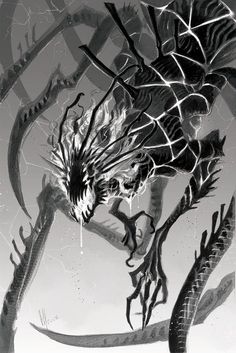 an artistic black and white drawing of a dragon