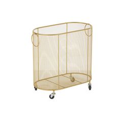 a gold wire mesh storage container on wheels