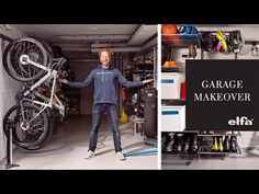 a man standing in front of a garage with his bike on the rack and another person holding