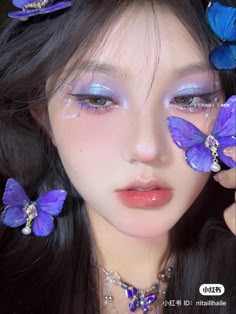 Pink And Blue Douyin Makeup, Purple Douyin Makeup Looks, Lilac Douyin Makeup, Purple Fairy Makeup, Douyin Butterfly Makeup, Purple Ethereal Makeup, Chinese Makeup, Makeup Tumblr, Makeup Face Charts