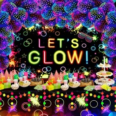 an image of a birthday party with balloons and cake on the table that says let's glow