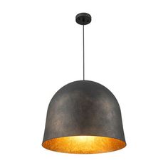 an industrial style pendant light hanging from the ceiling, with a grey shade on it