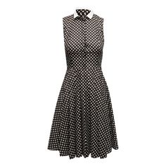 Black and white sleeveless polka dot print A-line dress by Akris. Pointed collar. Button closures at front bodice. 30" bust, 26" waist, 38.5" length, 12.75" shoulder width. Textured Maxi Dress, Black Alexander Mcqueen, Black Short Sleeve Dress, White Linen Dresses, American Casual, White Sleeveless, Polka Dot Print, Black Polka Dot, Dot Print