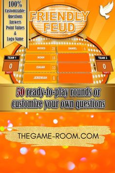 the game room with an orange background and gold lettering that says, friendly fud 50 ready - to play rounds or customize your own questions