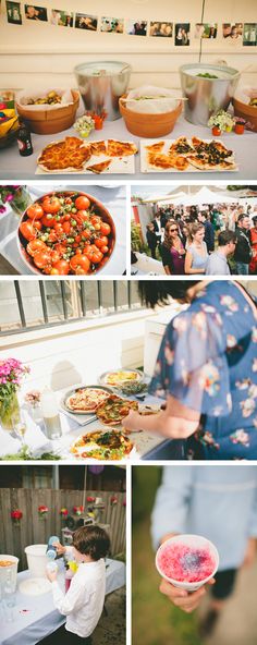 several pictures of food being served to people at an outdoor event, including pizzas and salads