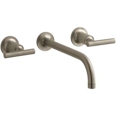 two handles on the side of a wall mounted faucet in brushed stainless steel