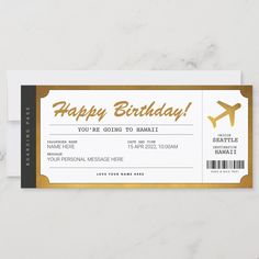 an airplane ticket with the words happy birthday on it