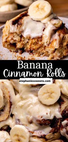 banana cinnamon rolls with icing and sliced bananas