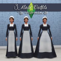 three women in long dresses standing next to each other with the caption 3 maid outfits