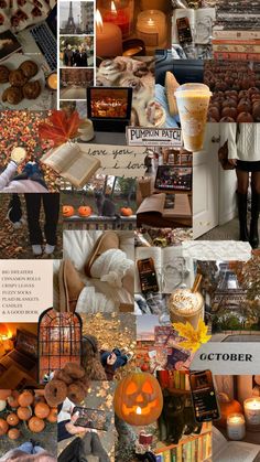 a collage of photos with pumpkins, candles and other things in them that are all over the place