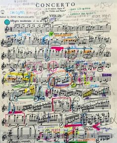 an old sheet with music notes written in different colors and sizes, including the words on it