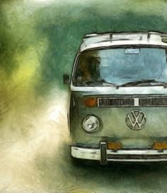 an old vw bus driving down a dirt road