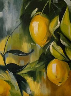 a painting of lemons on a branch with green leaves and yellow background, painted in oil